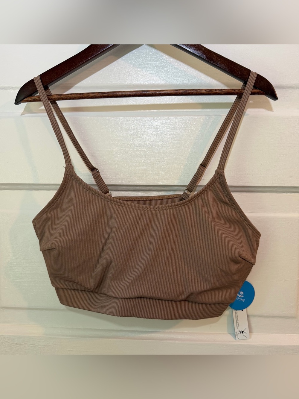 Cupshe Ribbed Double-Strap Bralette Bikini Top in Taupe